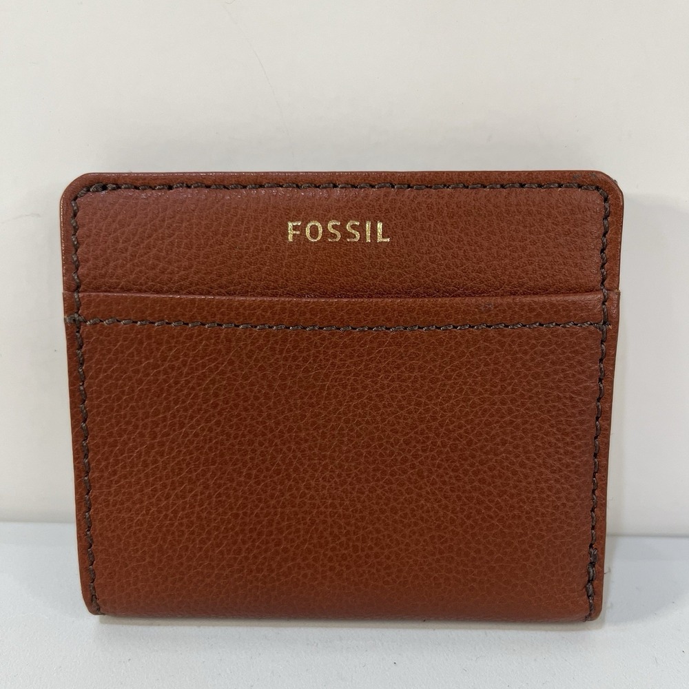 Fossil‎ mini wallet bi-fold snap closure brown leather card money change compact